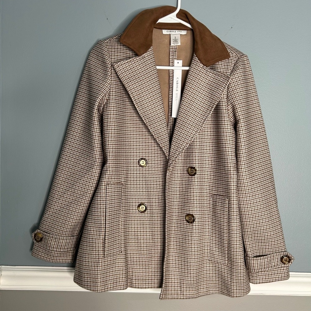 CAROLE WREN Womens oversized Houndstooth Blazer Jacket Brown Tan S new york